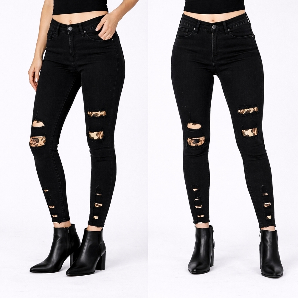 Judy Blue Black Distressed Leopard Patch Skinny Jeans 11/30 Stretch - Picture 2 of 16